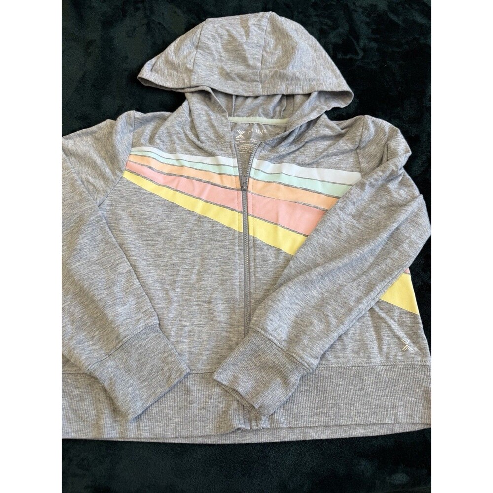 Xersion Girls Hoodie Size M 10/12 Gray Pastel Stripe Full Zip Sweatshirt